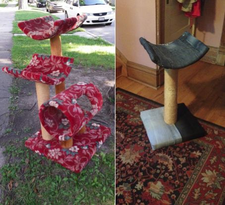 Cat tree reupholstery project: Before & After - I bought the hideously-carpeted and humongous tree from a garage sale, ripped it apart, cut down the base, and reupholstered the top & bottom pieces in denim.  Good afternoon project! Reupholster Cat Tree, Cat Trees Homemade, Old Cats, Cat Tree, Reupholster, Cats And Kittens, Kittens, Yarn, Etsy Shop