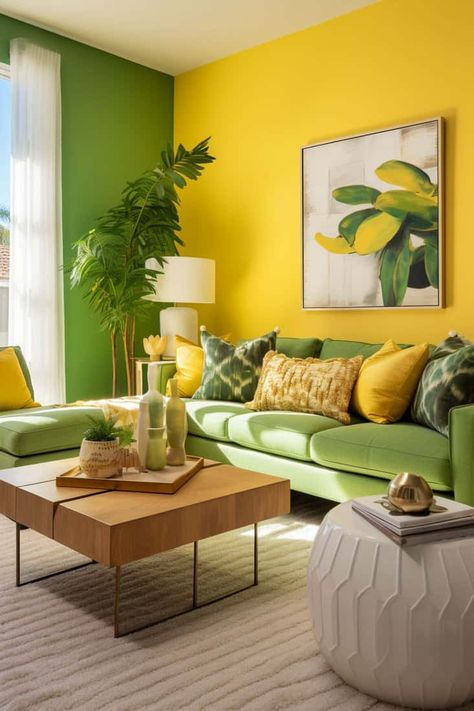 Home Decor Colors: Fresh Green and Cheerful Yellow Accents Lemon Yellow Living Room, Apple Green Color Combinations, Yellow Green Wall Paint, Apple Green Living Room Ideas, Yellow Green Moodboard, Green And Yellow Living Room Decor, Green And Yellow Walls, Yellow Green Room, Green And Yellow Room