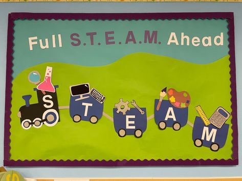 STEAM/STEAM bulletin board preschool Steam Board Ideas, Full Steam Ahead Bulletin Board, Steam Bulletin Board Ideas Preschool, Steam Bulletin Board Ideas, Steam Bulletin Board, Train Vbs, Bulletin Board Preschool, Stem Bulletin Boards, Kids Bulletin Boards