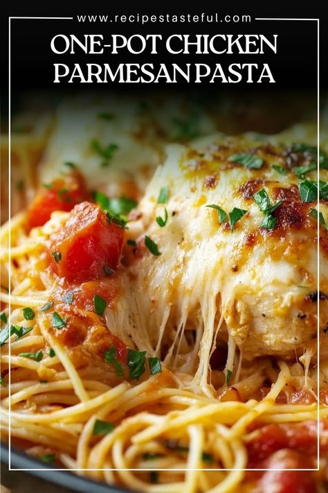 This One-Pot Chicken Parmesan Pasta combines all the classic flavors of chicken Parmesan into a simple, hearty one-pot meal. Tender chicken, rich marinara sauce, melted mozzarella, and Parmesan cheese come together with pasta for a satisfying and delicious dish that’s easy to prepare and even easier to clean up. It’s the ultimate comfort food for a busy weeknight! Chicken Marinara Pasta, One Pot Chicken Parmesan, Chicken Parmesan Pasta Recipe, Chicken Marinara, Marinara Recipe, Marinara Sauce Recipe, Chicken With Italian Seasoning, Chicken Parmesan Pasta, Skillet Dishes