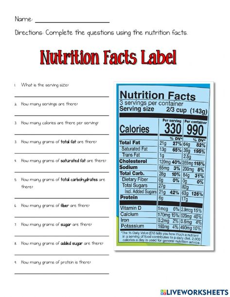 Nutrition Label, Family Worksheet, Michael Pollan, Nutritional Snacks, Reading Food Labels, Nutrition Facts Label, Family And Consumer Science, Health Class, Free Worksheets