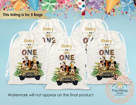 Wild One Favor Bags from FavorBagStudio.com! Safari Party Favors, First Birthday Favors, Party Bags Kids, Safari Party, Personalized Favors, Muslin Fabric, Wild One, Favor Bag, Party Favor Bags