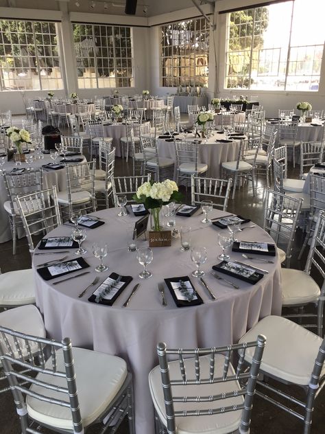 Grey and black linens with silver Chiavari chairs at the Gallery 308 at Fort Mason Black Table Linens Wedding, Fall Wedding Black, Gray Party Decorations, Wedding Table Centerpieces Elegant, Table Linens Wedding, Quinceanera Venue, Silver Chiavari Chairs, Grey Wedding Decor, Grey Wedding Theme