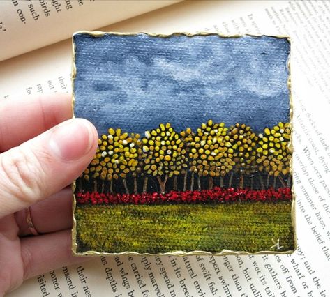 Miniature Painting Ideas, Winter Scene Paintings, Autumn Landscape Painting, Tiny Paintings, Tea Bag Art, Small Canvas Paintings, Acrylic Landscape, Miniature Paintings, Powerful Art