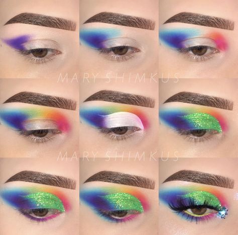 Bright Colorful Eye Makeup Step By Step, Rainbow Eyeshadow Looks Step By Step, Bright Eye Makeup Tutorial, Colorful Eyeshadow Looks Step By Step, Eyeshadow Tutorial Step By Step, Egyptian Eye Makeup, Colorful Eye Makeup Tutorial, Indian Eye Makeup, Crazy Eye Makeup