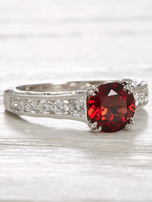 Vintage Style Engagement Ring with Almandine Garnet  | Diamond accents cool the fiery blaze of this vintage style engagement ring's almandine garnet, RG-3625 | Topazery Jewelry Chocolate Diamond Ring Engagement, Flower Engagement Ring Set, Red Diamond Ring, Gold Ring Engagement, Ruby Diamond Ring, Vintage Style Engagement Rings, Almandine Garnet, Ruby Diamond Rings, Moissanite Diamond Rings