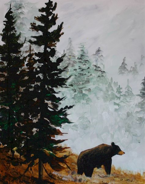 Black Bears Art, Pine Tree Painting, Bear Watercolor, Bear Paintings, Paint Parties, Cute Canvas Paintings, Forest Painting, Bear Art, Night Painting