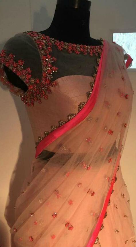 Sheer Yoke Boat Neck Blouse And Net Short Sleeves Net Blouse Designs, Net Saree Blouse, डिजाइनर कपड़े, Netted Blouse Designs, Net Blouse, Chique Outfit, Blouse Ideas, Net Blouses, Mode Hippie