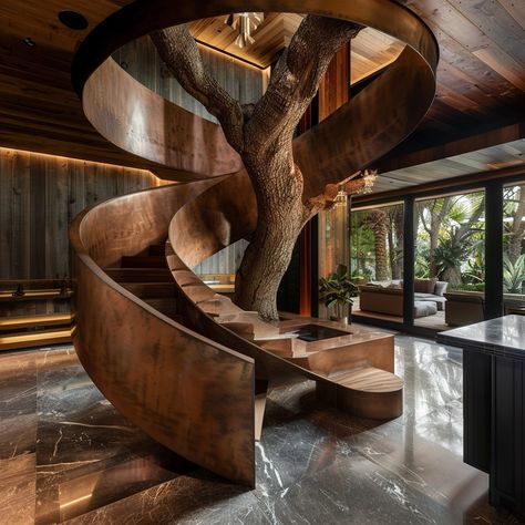 Step into a world of enchantment with our indoor spiral staircase, where each step winds around a living tree trunk. Crafted from rustic timber, this staircase brings the whimsy of a treehouse into your home, perfect for connecting levels or adding a touch of magic to any space. Conceptual AI Art Follow @ecosapiens for more! Cool Staircases, Tree Staircase, Spiral Staircase Aesthetic, Wood Spiral Staircase, Indoor Staircase, Spiral Staircase Wooden Steps, Unique Staircase, Fancy Spiral Staircase, Castle Spiral Staircase