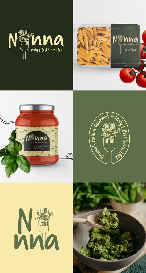 A Brand board of logo designs, images, and packaging design for an Italian pasta & pesto brand. Restaurant Branding Identity, Healthy Food Branding, Eat Natural, Honey Label Design, Graphic Designer Studio, Pasta Brands, Noodle Restaurant, Pasta Restaurants, Pasta Pesto