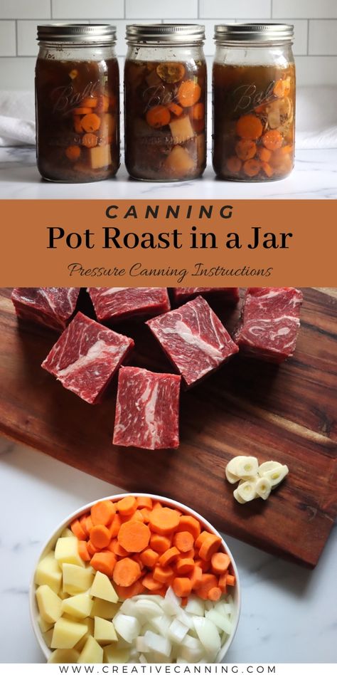 Canning Pot Roast in a Jar Easy Pressure Canning Recipes, Canning Pork Roast, Canning Pot Roast In A Jar, Pressure Canner Recipes Meals, Canning Pot Roast, Canned Meals In A Jar Recipes, Pressure Canned Meals In A Jar Recipes, Meal Canning Recipes, Canning Recipes Meals