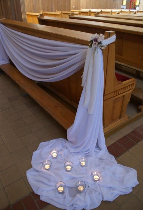 Wedding Alter Ideas Church, Wedding Decorations For Church, Church Pew Wedding, Church Pew Bench, Pew Bench, Church Aisle, Pew Decorations, Wedding Pews, Wedding Church Decor