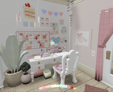 This is a simple and cute idea for a Bloxburg desk📝🌷. (Inspiration from the video of Yumekookie 🍪). By clicking the pin📌 you can find the original video idea decor from the creator⬆️🩷. Desk Area Bloxburg, Bloxburg Makeup Table, Bloxburg Cute House Ideas, Vanity In Bloxburg, Bloxburg Desk Ideas Aesthetic, Bloxburg Makeup Desk, Desk Ideas Bloxburg, Bloxburg Table Ideas, Bloxburg Study Room Ideas