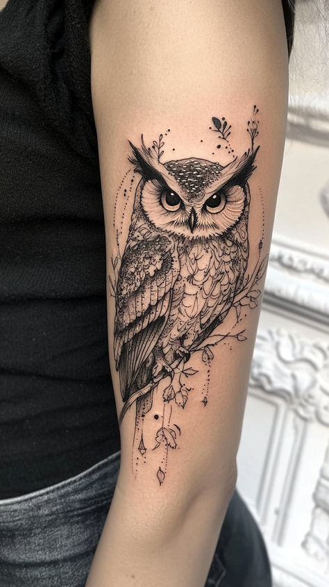 Explore over 50 witchy tattoos and uncover their mystical meanings. From sigils to celestial designs, find the perfect ink to express your magic and power. ✨🔮 #WitchyTattoos #MagicalInk #MysticalMeanings #TattooInspiration Owl Thigh Tattoos, Realistic Owl Tattoo, Geometric Owl Tattoo, Cute Owl Tattoo, Small Neck Tattoos, Rose Shoulder Tattoo, Feminine Tattoo Sleeves, Flower Tattoo Drawings, Wicked Tattoos