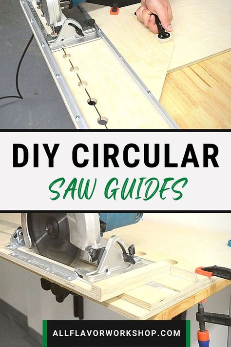 These are the 3 must have DIY Circular Saw Guides you can make yourself for the workshop. A simple straight edge guide for long straight cuts, a saw track for short precise cuts, and circular saw guide for both straight cuts and crosscuts. All of these guides for a circular saw are simple to make and make a nice addition to your workshop. Use the right saw blade and you will achieve great results. How to make a circular saw guide | How to cut straight with a circular saw #garageworkshop #diy Circular Saw Guide, Circular Saw Track, Homemade Machine, Woodworking Plans Beginner, Woodworking Storage, Woodworking Inspiration, Woodworking Machinery, Woodworking Workshop, Homemade Tools