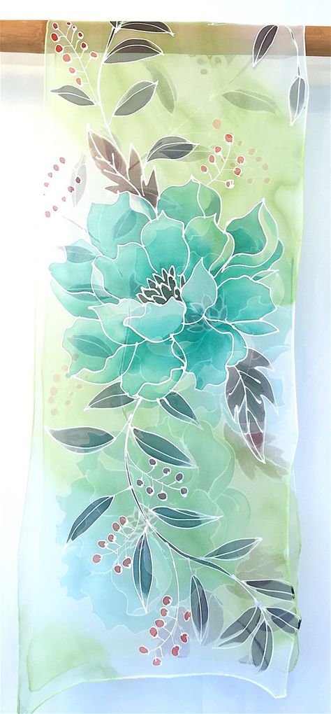 Hand Painted Silk Scarf ETSY Green Silk Scarf Jade Green Green Peonies, Silk Painting Techniques, Green Silk Scarf, Saree Painting, Fabric Painting Techniques, Fabric Painting On Clothes, Hand Painted Dress, Fabric Paint Designs, Hand Painted Scarves