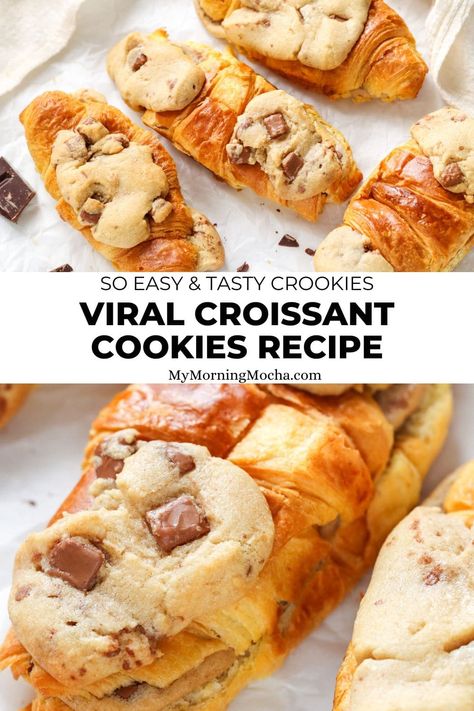 Here's how to make the viral cookie croissant, AKA le crookie. This recipe tastes exceptionally good and is easy to make too! via @MyMorningMocha Crescent Roll Cookies, Cookie Croissant, Triple Chocolate Chip Cookies, Homemade Croissants, Baked Dinner Recipes, Baked Dinner, Ginger Bread Cookies Recipe, Buy Cookies, Roll Recipes