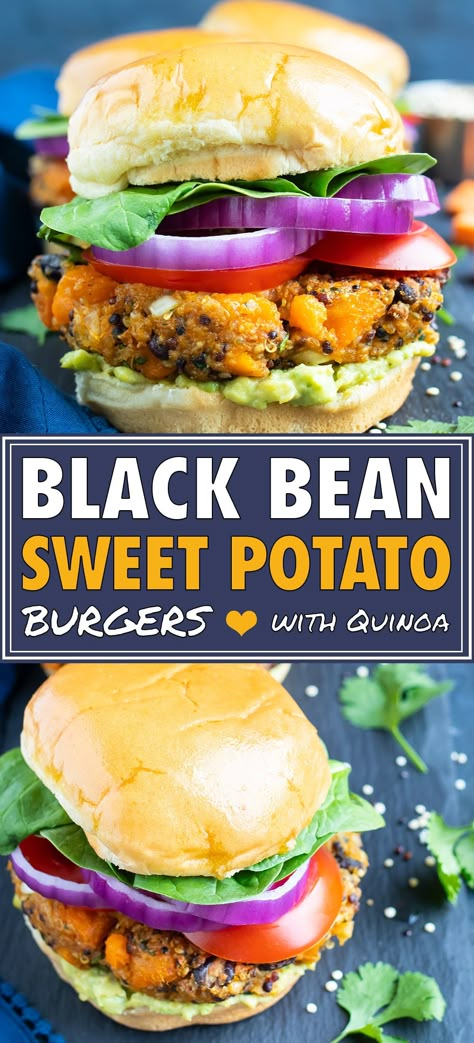 Burger In The Oven, Sweet Potato Black Bean Burger, Black Bean Quinoa Burger, Bean Burger Recipe, Black Bean Burger Recipe, Bean Quinoa, Quinoa Burger, Sweet Potato Burgers, Vegan Burger Recipe