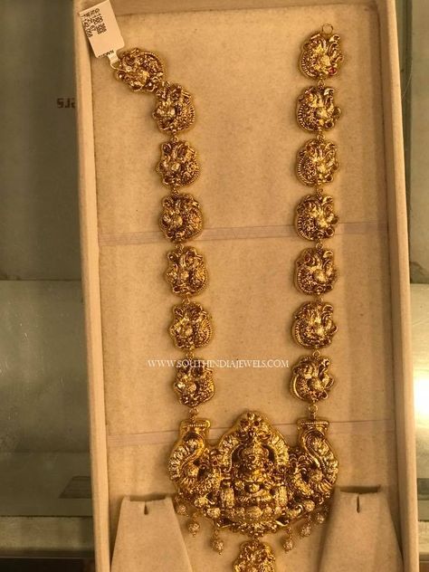 Gold Long Lakshmi Temple Haram Designs, 22K Gold Long Lakshmi Haram Designs, Gold Temple Haram Designs. Gold Mango Haram, Lakshmi Temple, Lakshmi Haram, Gold Haram Designs, Haram Designs, Gold Haram, Temple Jewelry Necklace, Indian Wedding Jewelry Sets, Gold Temple Jewellery