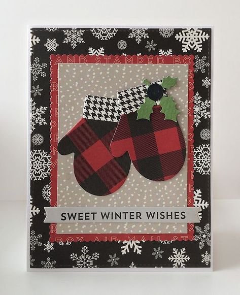 Mitten Cards Ideas, Mitten Christmas Cards, Plaid Christmas Cards Handmade, Winter Birthday Cards Ideas, Winter Greeting Cards, Plaid Cards, Mittens Card, Cricut Christmas Cards, Winter Wishes