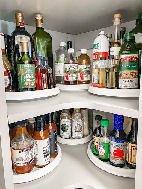 Dishware Organization Cabinets, How To Utilize A Lazy Susan Cabinet, Lazy Susan Pantry Organization, Kitchen Organization Corner Cabinet, Cabinet Lazy Susan Organization, Overstock Organization, Lazy Suzanne Organization Ideas, Organize Lazy Susan Corner Cabinet, Lazy Susan Kitchen Counter