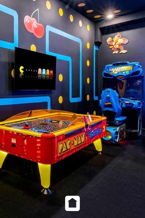 Mini Arcade Room, Air Hockey Game Room, Arcade Game Room Ideas, Arcade Room In House, Garage Arcade, Home Arcade Room, Themed Game Room, Basement Arcade, Millionaire Ideas