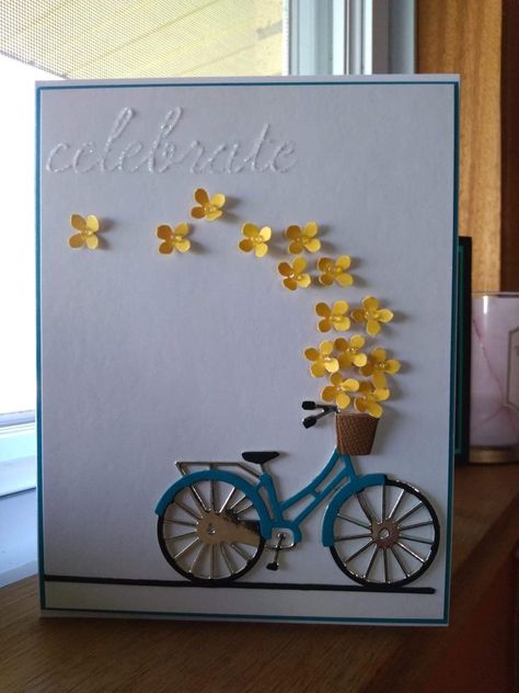 Handmade Cards With Bicycles, Female Cards Handmade, Cards With Bicycles, Bicycle Cards Handmade, Sizzix Cards Ideas Cardmaking, Female Birthday Cards Handmade, Pretty Card Ideas, Creative Card Ideas, Card Design Ideas