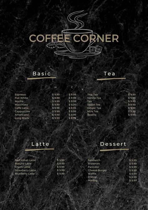 Coffee Shop Signage, Menu Design Layout, Easy Menu, Minimal Monochrome, Starting A Restaurant, Modern Coffee Shop, Cafe Menu Design, Vanilla Tea, Coffee Trailer