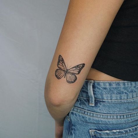 Lena (@princesslena.ink) 🦋 for Catherine. Thank you for trusting me with your very first tattoo☺️ #butterfly #butterflytattoo #realisticbutterflytattoo #finelinebutterflytattoo #gettattooed #smalltattoo #smallbutterflytattoo #abovetheelbowtattoo #elbowtattoo #armtattoo #backofarmtattoo #detailedtattoo #delicatetattoo #detailedbutterfly #monarchbutterfly #monarchbutterflytattoo #🦋 #🦋tattoo #firsttattoo #firsttattoo❤️ #nyctattoo #nyctattooartist #tinytattoos #tattooapprentice #bookingsopennow Monarch Tattoo, Above Elbow Tattoo, Realistic Butterfly Tattoo, Monarch Butterfly Tattoo, Butterfly Tattoos On Arm, Butterfly Back Tattoo, Back Of Arm Tattoo, Small Girly Tattoos, Dragonfly Tattoo Design