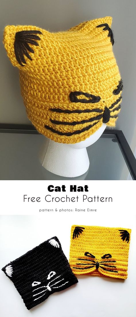 Cute Cat Hat Free Crochet Patterns Crochet Square Cat Beanie, Crochet Cat Beanie Free Pattern, Crochet Halloween Hat, Crochet Cat Beanie, Cat Hat Pattern, Crochet Children, Cat Hats, Crochet Character Hats, Crochet Animal Hats