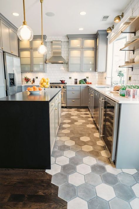 Honeycomb Tiles Kitchen, Hexagon Tile Kitchen Floor, Hexagon Tile Kitchen, Honeycomb Tile, Trendy Kitchen Tile, Kitchen Tiles Design, Grey Kitchen Cabinets, House Design Kitchen, Kitchen Floor Tile