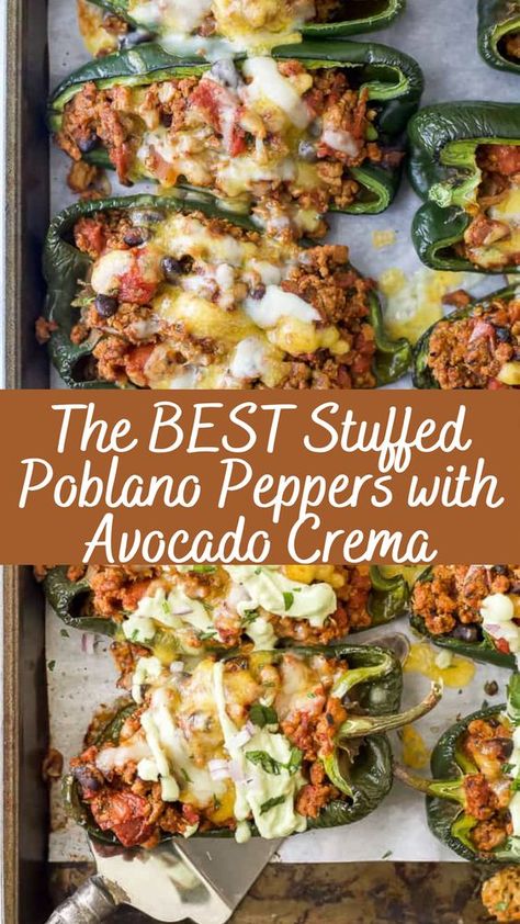 The BEST Stuffed Poblano Peppers with Avocado Crema Recipe | Cheff Recipes Quinoa Stuffed Poblano Peppers, Black Bean Stuffed Poblano Peppers, Poblano Pepper Side Dish, Pork Stuffed Poblano Peppers, Chicken Stuffed Avocado Recipes, Stuffed Poblano Peppers Keto, Southwest Stuffed Poblano Peppers, Stuffed Poblanos With Beef, Beef Stuffed Poblano Peppers