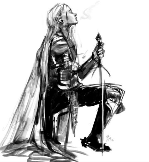 Knighting Ceremony Art, Knights Drawing Reference, Female Warrior Kneeling, Kneeling Knight Drawing, Female Knight Tattoo Design, Knight Kneeling Pose, Kneeling Knight Pose Reference, Woman In Armor Drawing, Women With Swords Drawing