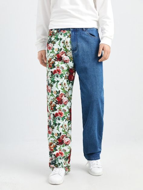 SHEIN Men Floral & Colorblock Print Straight Leg Jeans | SHEIN USA Shein Men, Straight Leg Jeans Men, Floral Pants, Clothes Ideas, Mens Denim, Jogger Pants, Straight Leg Jeans, Leg Jeans, Color Blocking