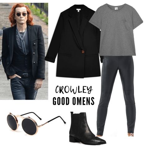 CROWLEY'S OUTFIT: LEGGINGS, T-SHIRT, BOOTIES, SUNGLASSES, BLAZER Crowley Style Good Omens, Crowley Outfit Season 2, Crowley Costume Female, Crowley Good Omens Outfit, Aziraphale Inspired Outfit, Crowley Fashion, Crowley Clothes, Crowley Aesthetic Outfit, Good Omens Outfit Ideas