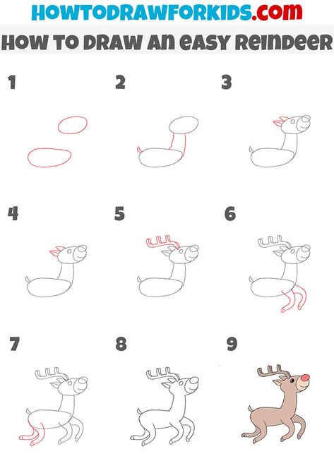 how to draw an easy reindeer step by step Easy Draw Reindeer, Reindeer Doodle Easy, Flying Reindeer Drawing, Christmas Robin Drawing, How To Draw A Reindeer For Kids, Raindeer Drawing Cartoon, How To Draw A Reindeer, Simple Reindeer Drawing, How To Draw Christmas Stuff Step By Step