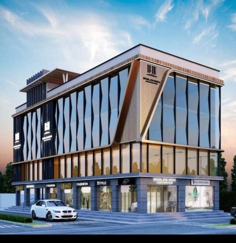 Modern Commercial Elevation, Acp Elevation Design For Hotel, Modern School Building Design Exterior, Modern Mall Facade, Modern Commercial Building Facade Design, Commercial Building Elevation Modern, Acp Exterior Design Commercial, Commercial Design Exterior Architecture, Corporate Building Design