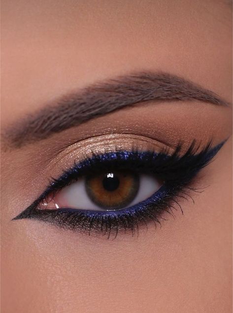 Make Up Looks For Dark Blue Dress, Navy Blue And Orange Eye Makeup, Navy And Gold Makeup Looks, Gold And Royal Blue Makeup, Wedding Makeup With Blue Dress, Indigo Makeup Looks, Sapphire Eye Makeup, Elegant Blue Eyeshadow Looks, Navy Smokey Eye Makeup