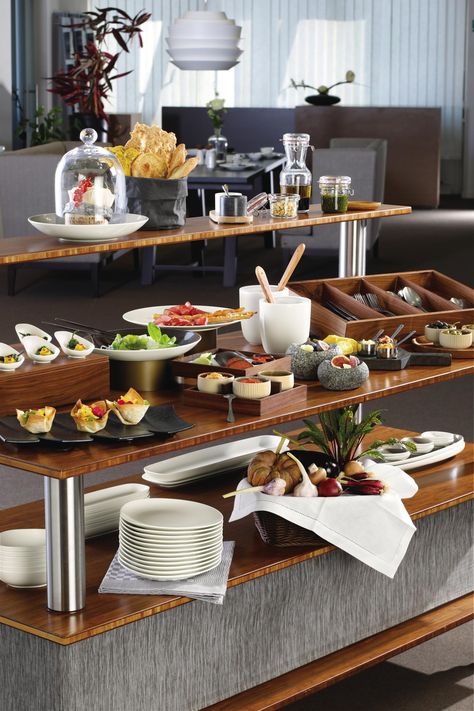 Modern Buffet Tables  Mobile & Linenless Food Stations For Hotels Restaurants & Event Venues Modern Buffet Table, Hotel Breakfast Buffet, Breakfast Catering, Buffet Set Up, Buffet Stations, Restaurant Table Setting, Catering Table, Restaurant Counter, Wedding Food Stations