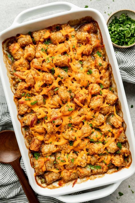 This Healthy Tater Tot Casserole is an upgraded comfort food recipe made with simple, real-food ingredients to keep the whole family nourished and satisfied. We’ve incorporated canned lentils and frozen veggies for more nutrition in the most convenient ways. Healthy Tater Tot Casserole, Casserole With Beef, Healthy Tater Tots, Lentil Casserole, Tater Tot Breakfast Casserole, Pan Dishes, Canned Lentils, Real Food Dietitians, Tater Tot Casserole Recipes