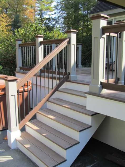 Small Side Deck Ideas, Timber Tech Deck Railings, White House Black Trim Deck Color, Tan House Deck Color Ideas, White House Deck Color, Composite Deck Stairs, Deck Colors Ideas Paint, Trex Porch, Trex Deck Ideas