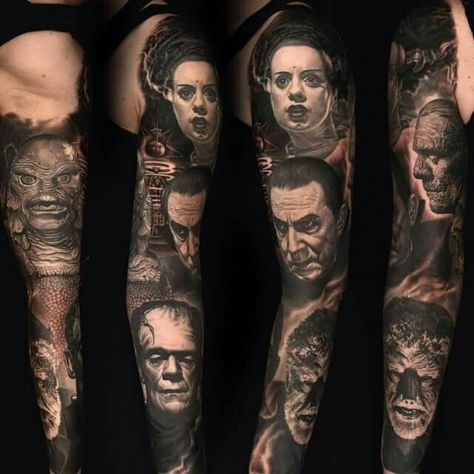 Nikko Hurtado #universalmonsters tattoo sleeve Universal Monsters Tattoo, Dracula Tattoo, Nikko Hurtado, Horror Movie Tattoos, Monster Tattoo, Movie Tattoo, Full Sleeve Tattoo Design, Movie Tattoos, Back Of Shoulder Tattoo