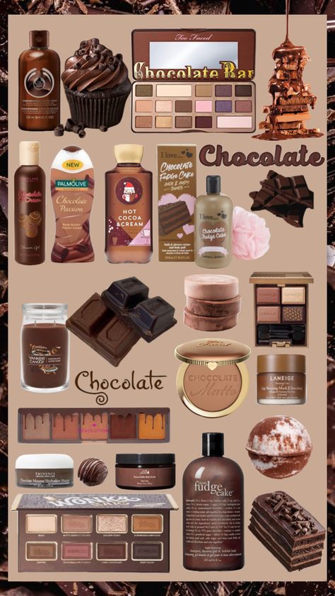 Chocolate cosmetics 🍫 #chocolate Chocolate Shower Routine, Chocolate Scented Products, Chocolate Body Care, Chocolate Fragrance Perfume, How To Smell Like Chocolate All Day, Chocolate Smelling Products, How To Smell Like Chocolate, Chocolate Skincare, Chocolate Fragrance