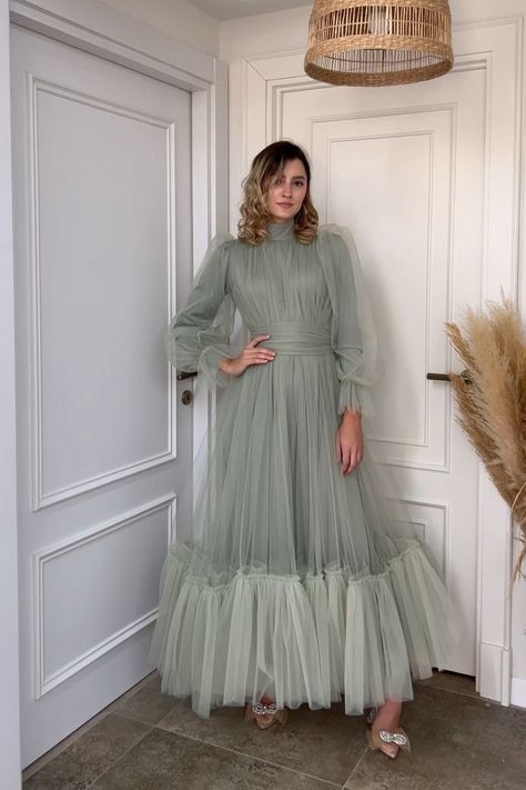 Modest Sage Tulle Bridesmaid Dresses Bridesmaid Dresses High Neck, Long Sleeve Bridesmaid Dresses, Long Green Bridesmaid Dresses, Dresses Elegant Short, Tulle Bridesmaid Dresses, Dresses High Neck, Simple Frock Design, Long Frock Designs, Tulle Bridesmaid