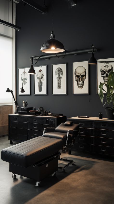 Tattoo Room, Tattoo Shop Interior, Tattoo Shop Decor, Tattoo Studio Interior, House Tattoo, Salon Design Ideas, Garage Design Interior, Tattoo Salon, Esthetics Room