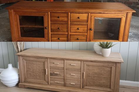 Before and after: An old TV unit gets a stunning coastal-style makeover Sideboard Makeover, Sideboard Upcycle, Revamp Furniture, Pine Furniture, Diy Furniture Renovation, Diy Home Furniture, Furniture Renovation, Homes And Gardens, Refurbished Furniture