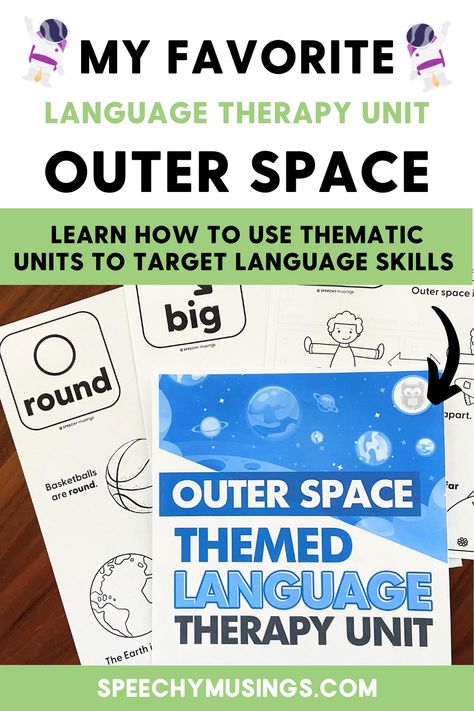 Are you looking for a new unit to add to your speech therapy lesson plans that works for ALL ages? Learn how you can use this Outer Space thematic unit for students in preschool, elementary and even middle school. Students of all ages will love learning about space while also practicing speech & language therapy skills. On this blog, you’ll learn my favorite ways to target speech and language skills like wh- questions, inferencing, and core vocabulary while engaging in your students’ interes Wh Questions Speech Therapy, Themed Speech Therapy, Therapy Skills, Speech Therapy Activities Preschool, Speech Therapy Crafts, Early Intervention Speech Therapy, Wordless Picture Books, Preschool Speech Therapy, Speech Therapy Games