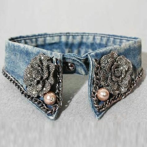 Simpul Dasi, Denim Crafts Diy, Collars Diy, Diy Jeans, Blue Jeans Crafts, Denim Jewelry, Jean Crafts, Denim Ideas, Denim Crafts