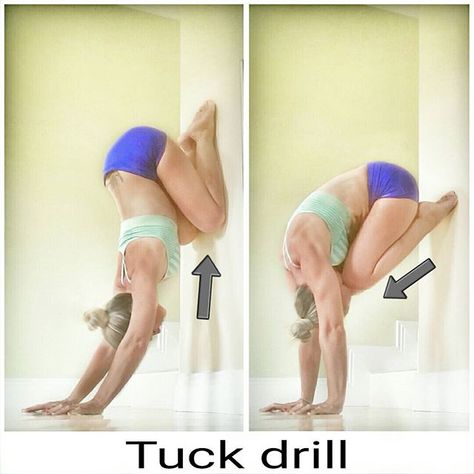 Tuck drill . For those of you not ready for full chest to wall drill this is a great alternative for beginners to help strengthen and open the shoulders for handstands. . Place hands about the length of your thigh away from the wall. The closer they are to the wall the more difficult it gets. . If you're partial to nail polish I suggest some socks Top tip . Hands should be shoulder width apart, knuckles lifted and carpals firmly pressing into the floor. . If wrist f... Back Tuck Drills, Tuck Drills, Tumbling Drills, Gymnastics Ideas, Cheer Goals, Gymnastics At Home, Gymnastics Conditioning, Gymnastics Drills, Yoga Goals