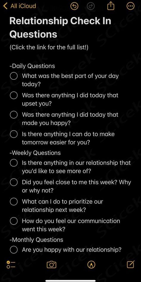 These 75 Relationship Check In Questions For Couples will help you ask your partner important questions about your relationship and how things are going. There is a list of Daily, Weekly, & Monthly questions to ask your spouse, boyfriend, girlfriend, fiancé, etc. Great for long distance couples as well!  ... daha fazla Relationship Questions Boyfriends, Questions For Bf And Gf, Relationship Check Up Questions, Couples Weekly Check In Questions, Daily Relationship Check In Questions, Couple Daily Check In, Daily Questions To Ask Your Boyfriend, Daily Check In Questions For Couples, Things To Ask In A New Relationship